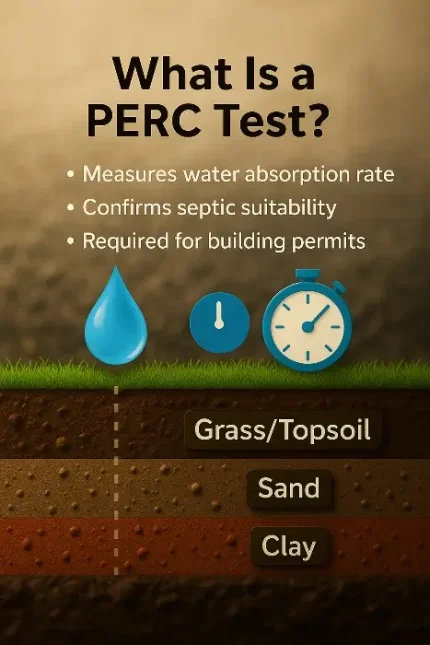 Illustration explaining what a PERC test is, showing soil layers of grass, sand, and clay with icons for water absorption, timing, and permit requirements.